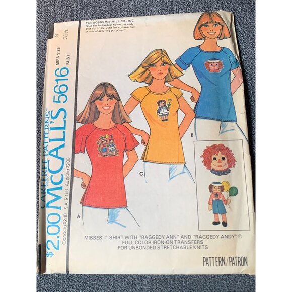 McCall's Misses Shirt Raggedy Ann and Andy Transfers Sewing Pattern sz 8 5616 - - Picture 1 of 3